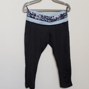 Floral Black & Light Blue Crop Workout Leggings
